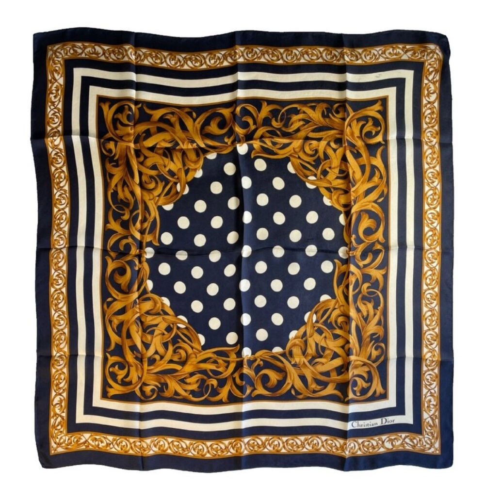 VINTAGE Christian Dior Silk Scarf 32" Baroque Polka Dot Stripe Navy Gold Blue - Picture 2 of 9
